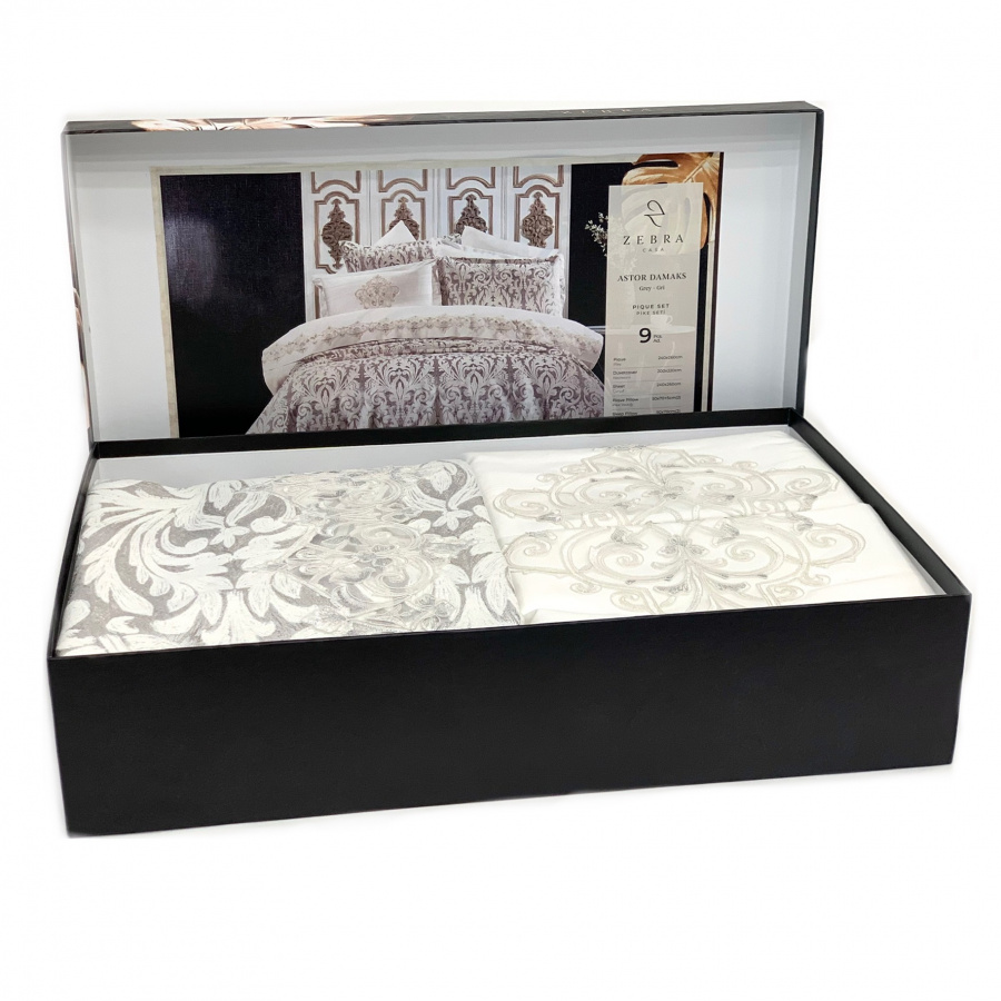 Комплект ZEBRA "ASTOR DAMASK" (Покрывало+постельное белье) евро 9 предметов Y 856 GRİ/серый