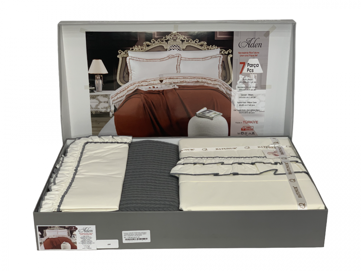 Комплект BATUNUR "ADEN"пике (покрывало +постельное белье с наволочками ,акфил) евро 7 предметов Y 930 gri/серый (Акция)