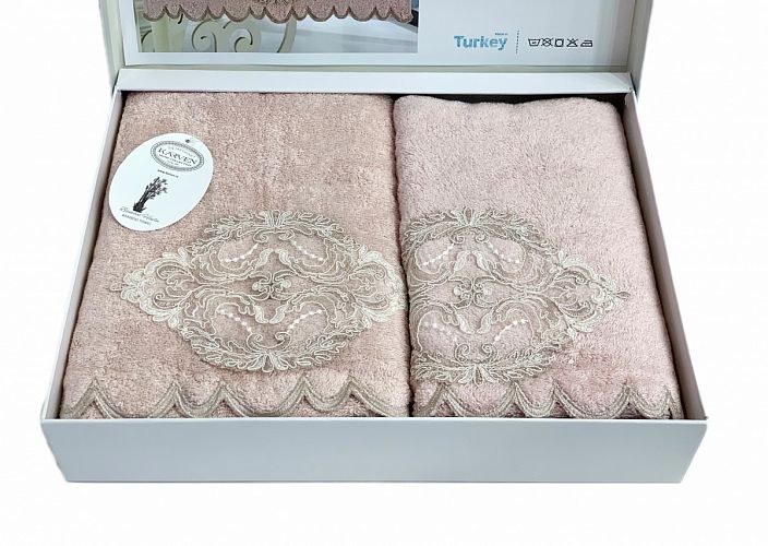 Набор полотенец Карвен "DAMASK"гипюр с кружевом,бамбук 50*90/70*140 HS1716 v3 pudra/пудровый