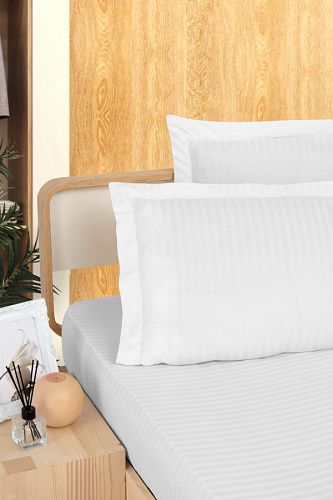 Простынь Карвен Stripe Satin на резинке+наволочки 160*200 +33см/ 50*70(2)+5см сатин beyaz/белый (Акция)