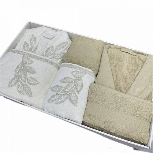 Халат Zebra (муж.+жен.) c полотенцами махра 50*90(2)/70*140(2) B1132 KAREN Krem