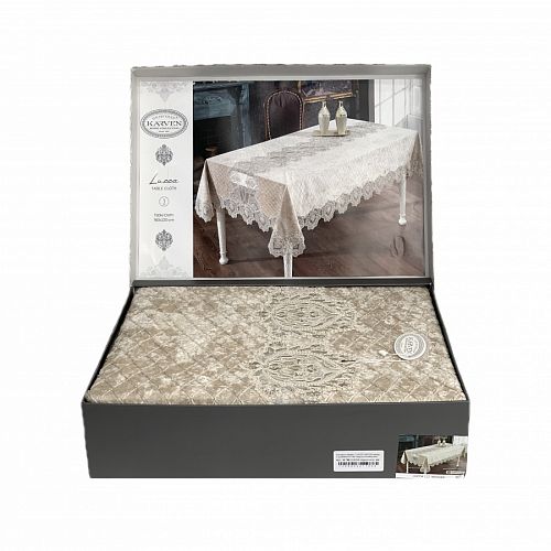 Скатерть Карвен "LUCCA"160*300 велюр с кружевом M 791 cappuccino/капучино