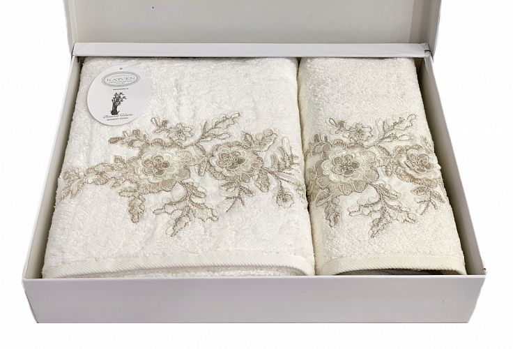 Набор полотенец Карвен "FLOWERS"гипюр с кружевом,бамбук 50*90/70*140 HS1716 v2 krem/кремовый