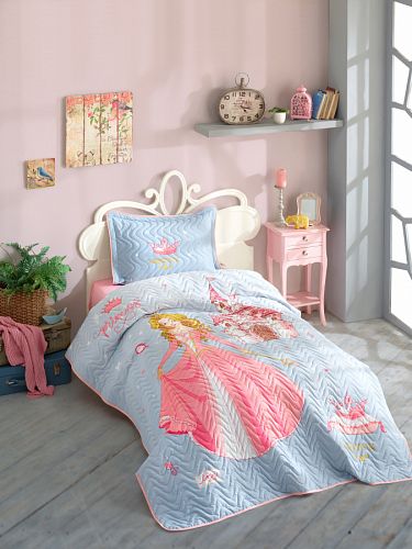 Комплект KARVEN (покрывало детское с принтом стеганное) хлопок 1.5сп 2 пр (180*240 / 50*70) CROWN v1 Pembe (Акция)