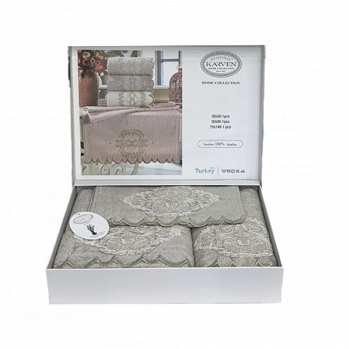 Набор полотенец Карвен "DAMASK"гипюр с кружевом,бамбук 30*50/50*90/70*140 HS1717 v1 bej/бежевый