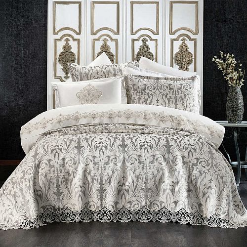 Комплект ZEBRA CASA "ASTOR DAMASK" (Покрывало+постельное белье) евро 9 предметов Y 856 GRİ/серый 