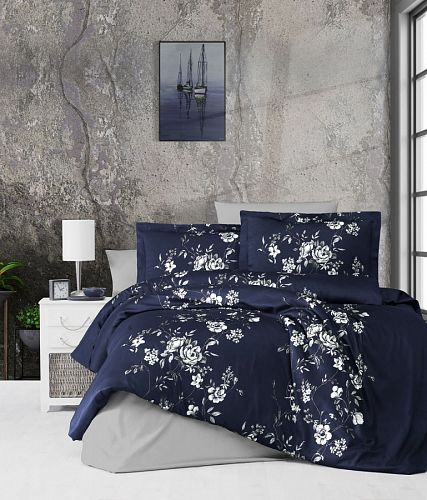 Постельное белье "Карвен" дэлюкс сатин 1,5 спальн. Arya Navy Blue