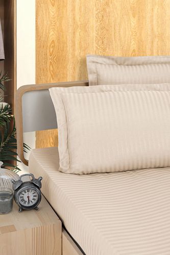 Простынь Карвен Stripe Satin на резинке+наволочка 100*200 +33см/ 50*70(1)+5см сатин tas/песочный  (Акция)