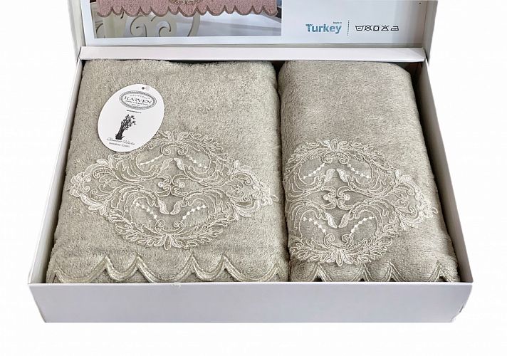 Набор полотенец Карвен "DAMASK"гипюр с кружевом,бамбук 50*90/70*140 HS1716 v1 bej/бежевый