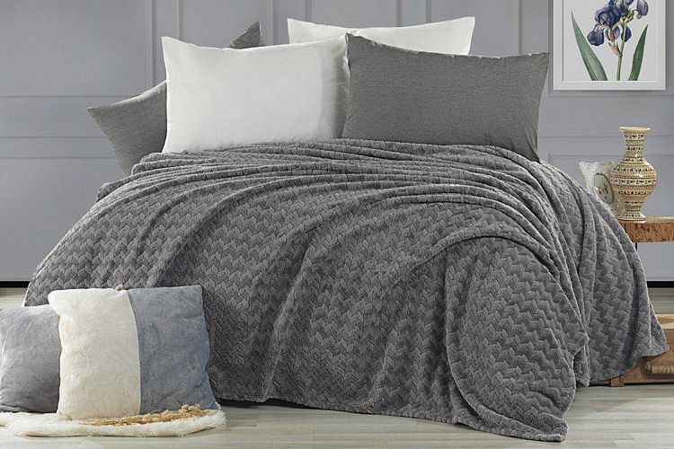 Плед KARVEN Super Soft "BENZIA" 200*220 п/э евро Р 944 т.серый (Акция).