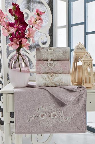 Набор полотенец Карвен "FLOWERS"гипюр с кружевом,бамбук 50*90/70*140 HS1716 v1 bej/бежевый