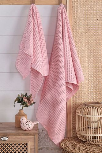 Набор полотенец Karven "WAFFLE" вафля с бахромой 50*90/70*140  HS1723 pembe